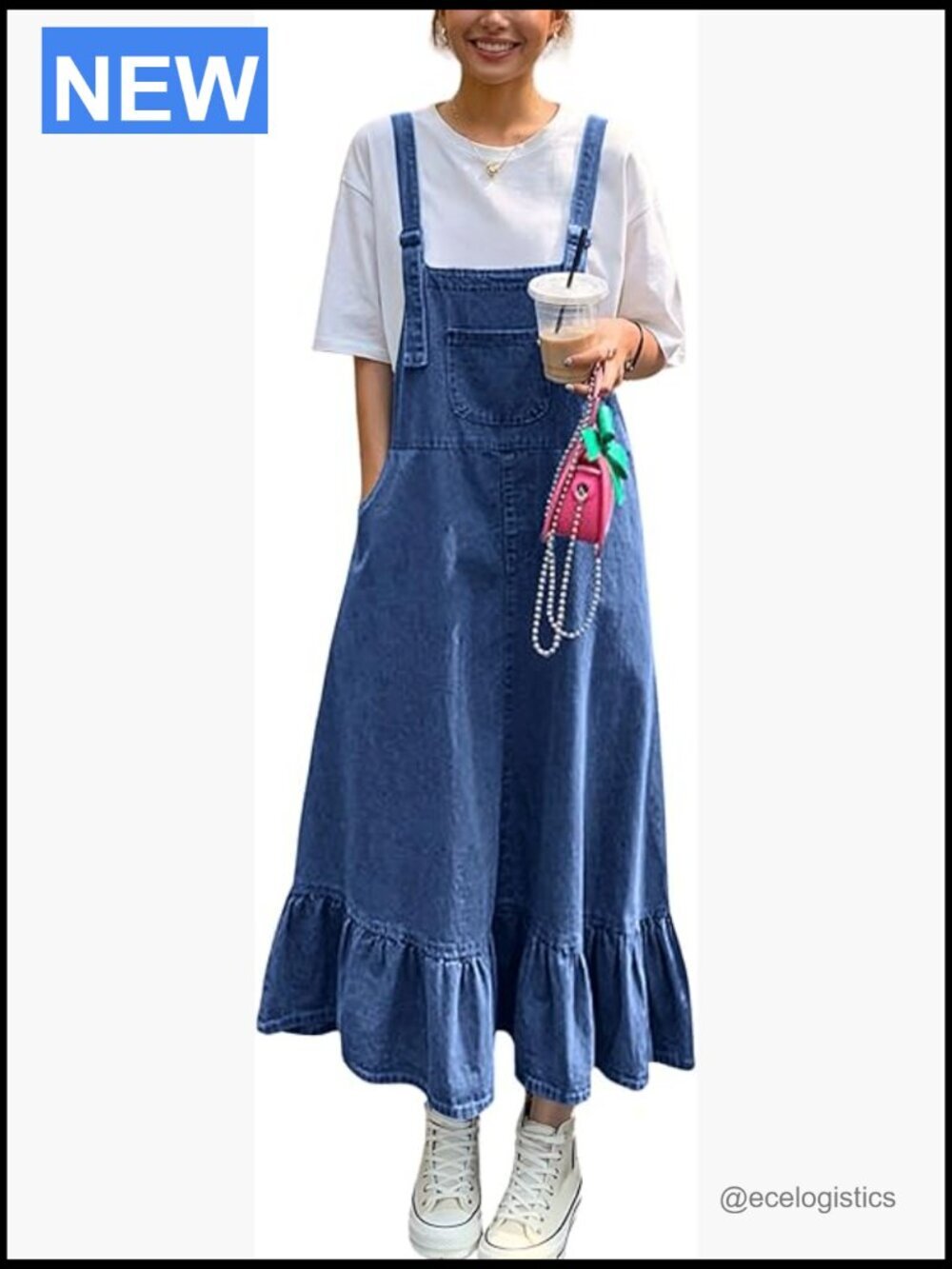 Y2K Ruffle Denim Overall Dress Flared Maxi Bib Jumper